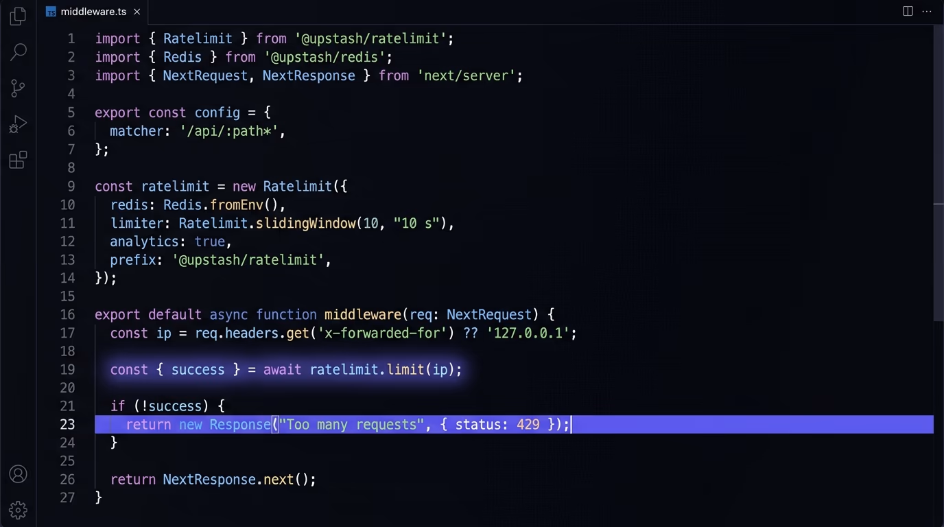 A code editor showing rate limiting middleware that keys requests by IP and returns a 429 when the limit is exceeded