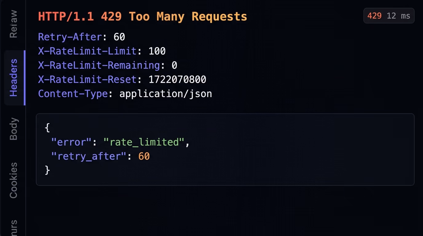 A raw HTTP response viewer showing a 429 Too Many Requests status line with Retry-After and X-RateLimit headers