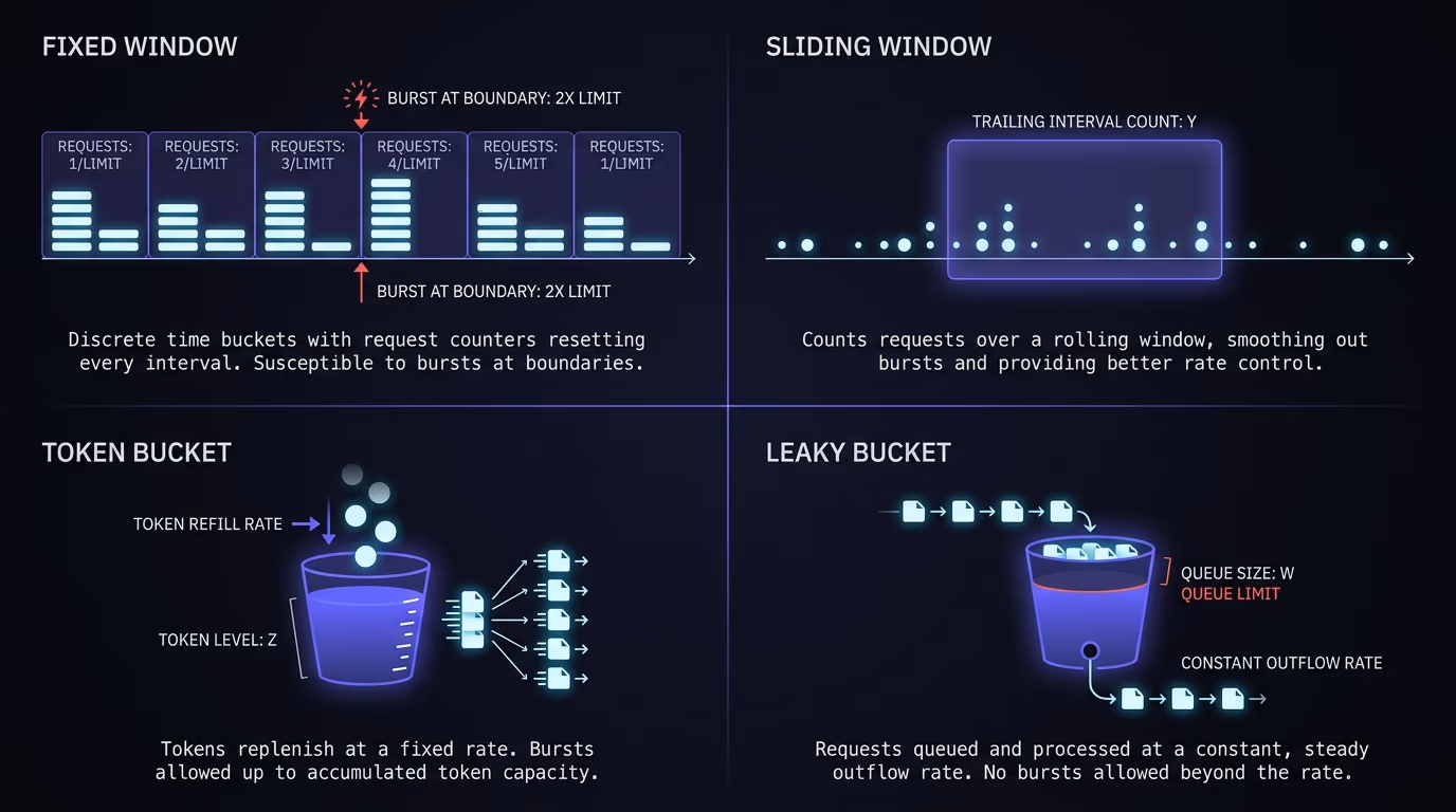 A technical diagram comparing token bucket, leaky bucket, fixed window and sliding window rate limiting algorithms side by side