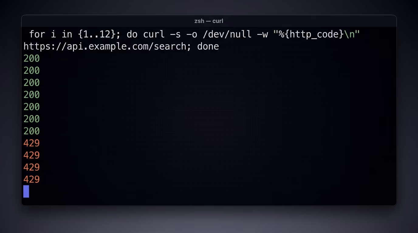 A terminal running a curl loop against an API, the first responses returning 200 OK and later ones returning 429 Too Many Requests
