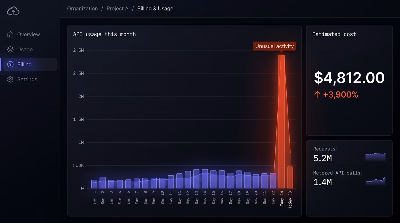 A cloud provider usage dashboard showing a sharp spike in API request volume and cost against a normal baseline
