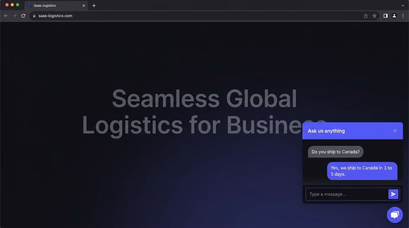 The best AI chatbot for website shown as a real chat widget open on a SaaS homepage, answering a visitor question about shipping