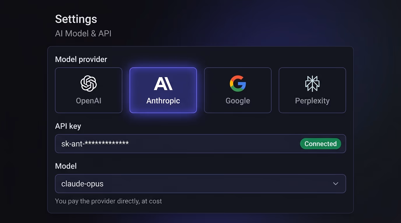 A BYOK ai chatbot settings screen picking the Anthropic provider with a connected API key, so you pay the model provider directly