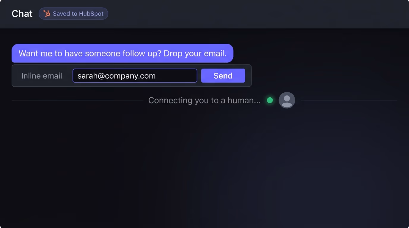 An ai chatbot capturing a visitor's email into HubSpot and handing the conversation off to a human in the chat panel