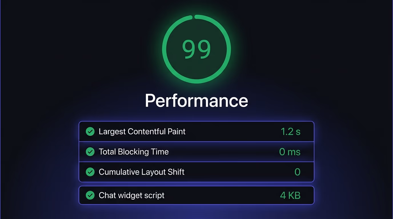 A PageSpeed report showing a lightweight website chatbot with a 99 performance score, clean Core Web Vitals and a 4 KB widget script