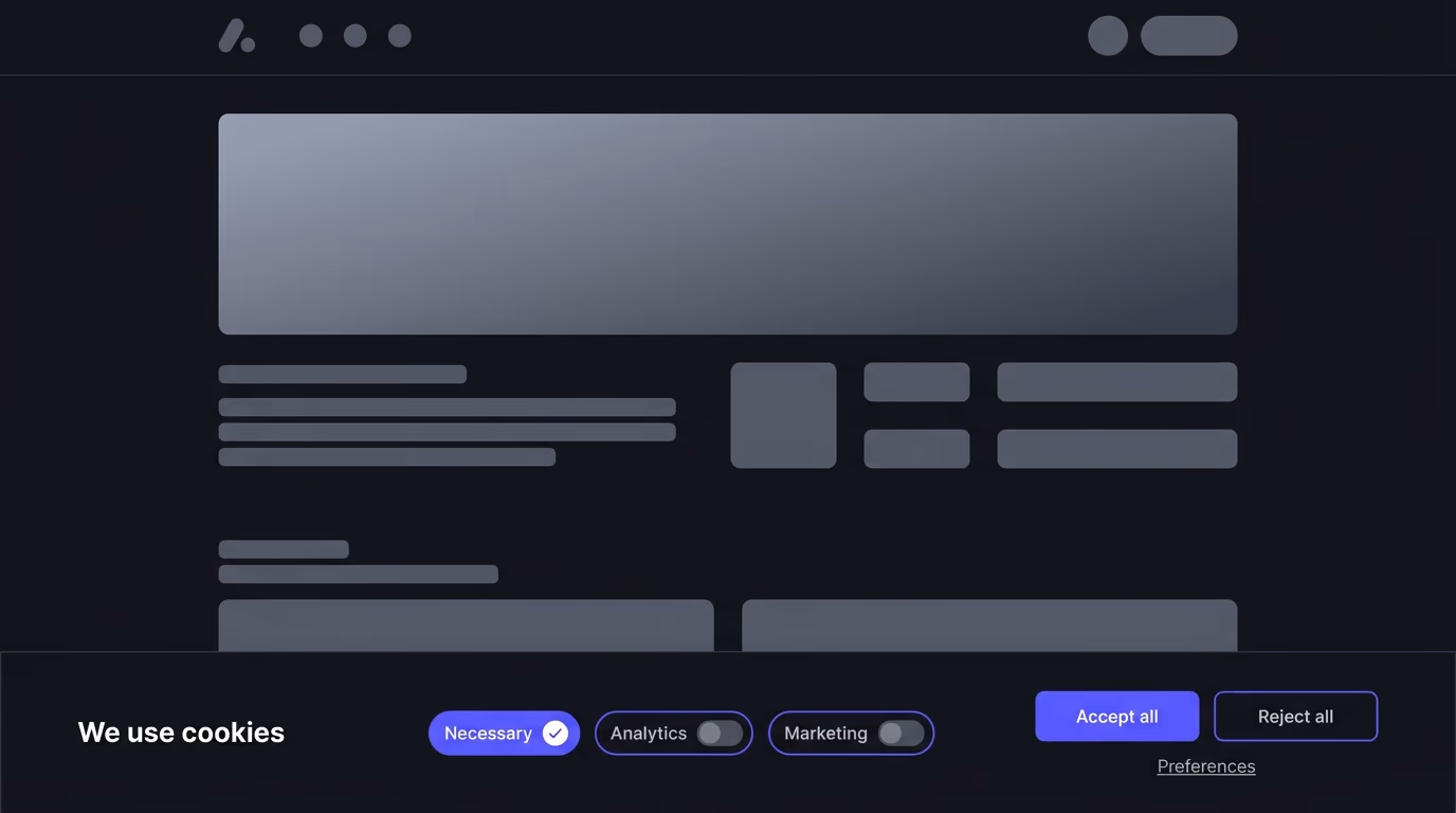 The best cookie consent banner shown at the bottom of a real website, with Necessary, Analytics and Marketing toggles and equal Accept all and Reject all buttons