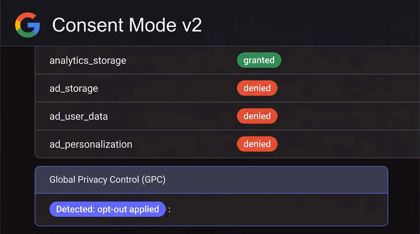 A Google Consent Mode v2 dashboard showing analytics_storage granted and ad_storage denied, plus a Global Privacy Control card reading opt-out applied, the two cookie consent signals a banner must send