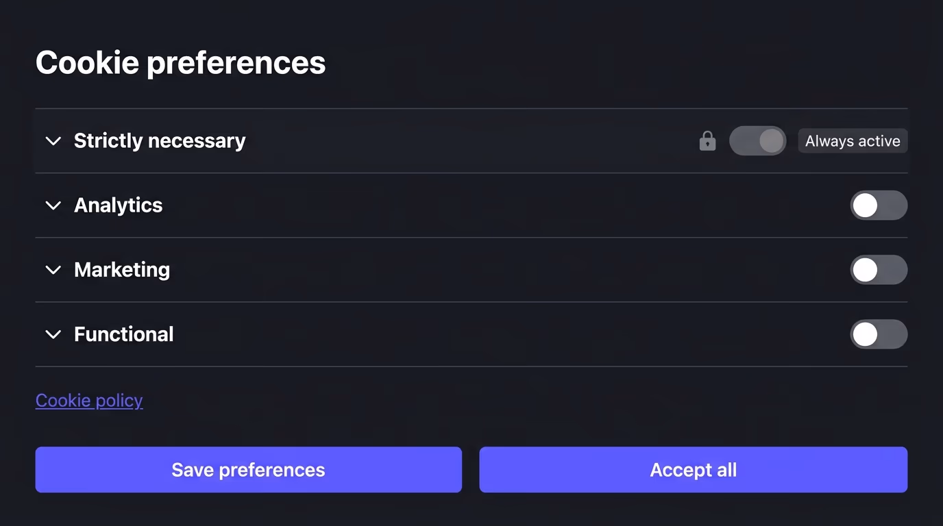 A GDPR cookie banner preferences panel listing Strictly necessary, Analytics, Marketing and Functional categories with toggles, a cookie policy link and Save preferences and Accept all buttons