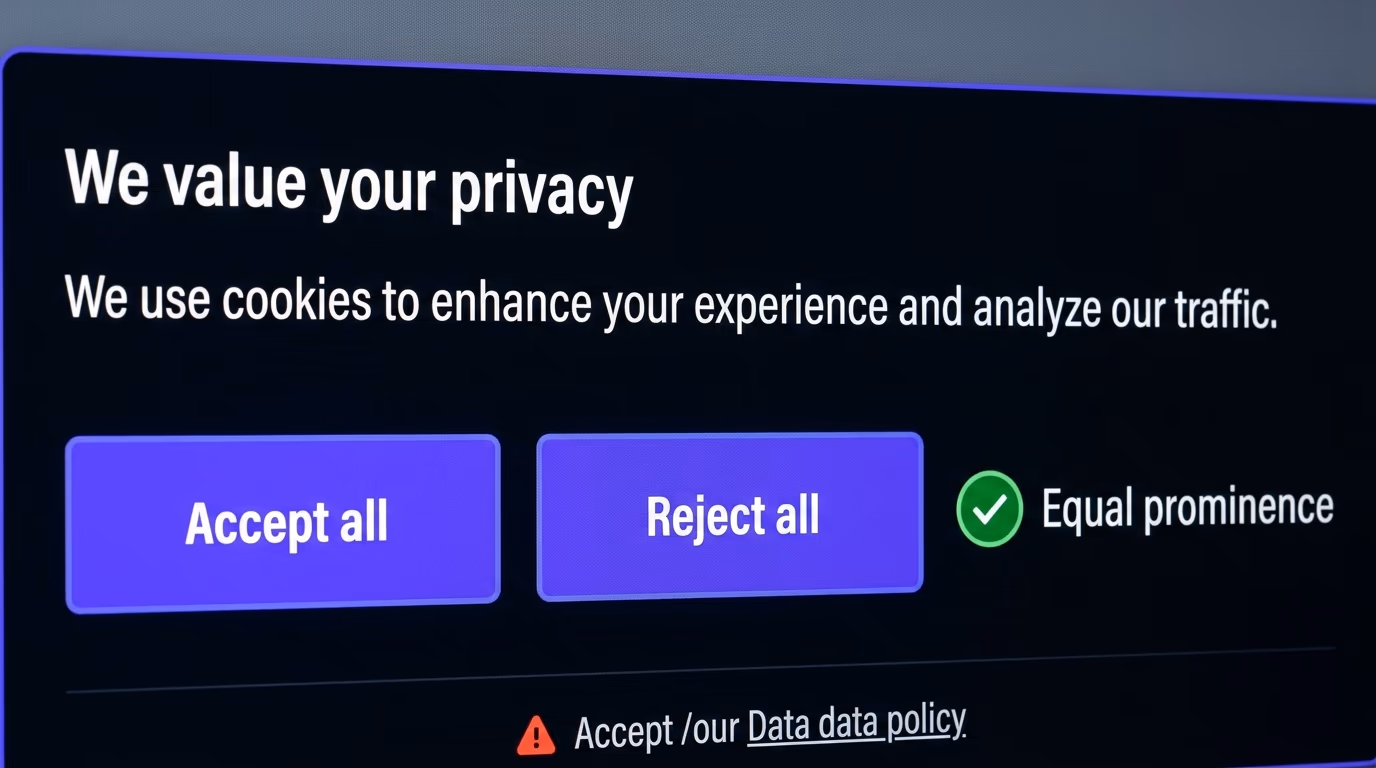 An honest cookie banner with equally prominent Accept all and Reject all buttons of the same size, marked equal prominence, the opposite of a dark pattern