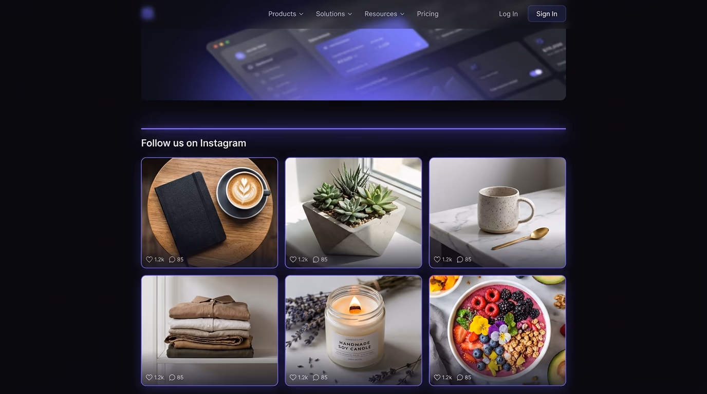 How to embed an Instagram feed on a website, shown as an Instagram grid widget rendering live posts on a SaaS homepage