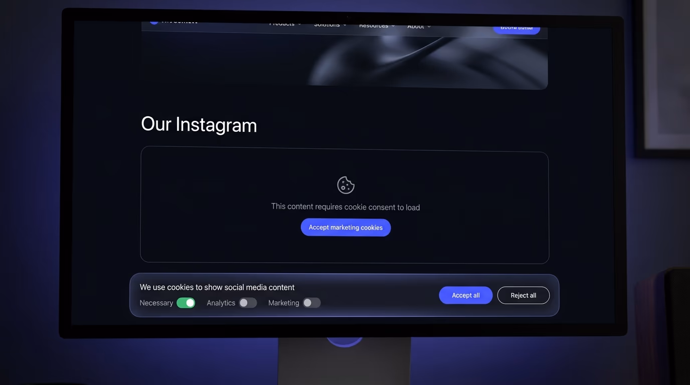 A cookie consent banner on a website with toggles for Necessary, Analytics and Marketing cookies, with the Marketing toggle controlling social media embed loading