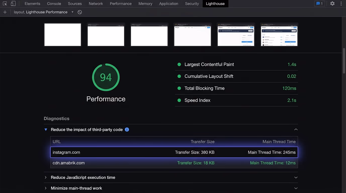 Lighthouse performance report showing Core Web Vitals scores with LCP and CLS metrics highlighted, comparing a page with and without an Instagram feed widget
