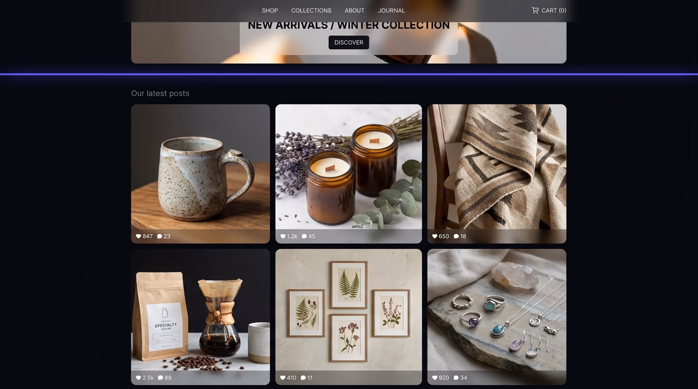 An Instagram feed grid widget rendered on a modern website homepage, showing six recent posts with engagement counts