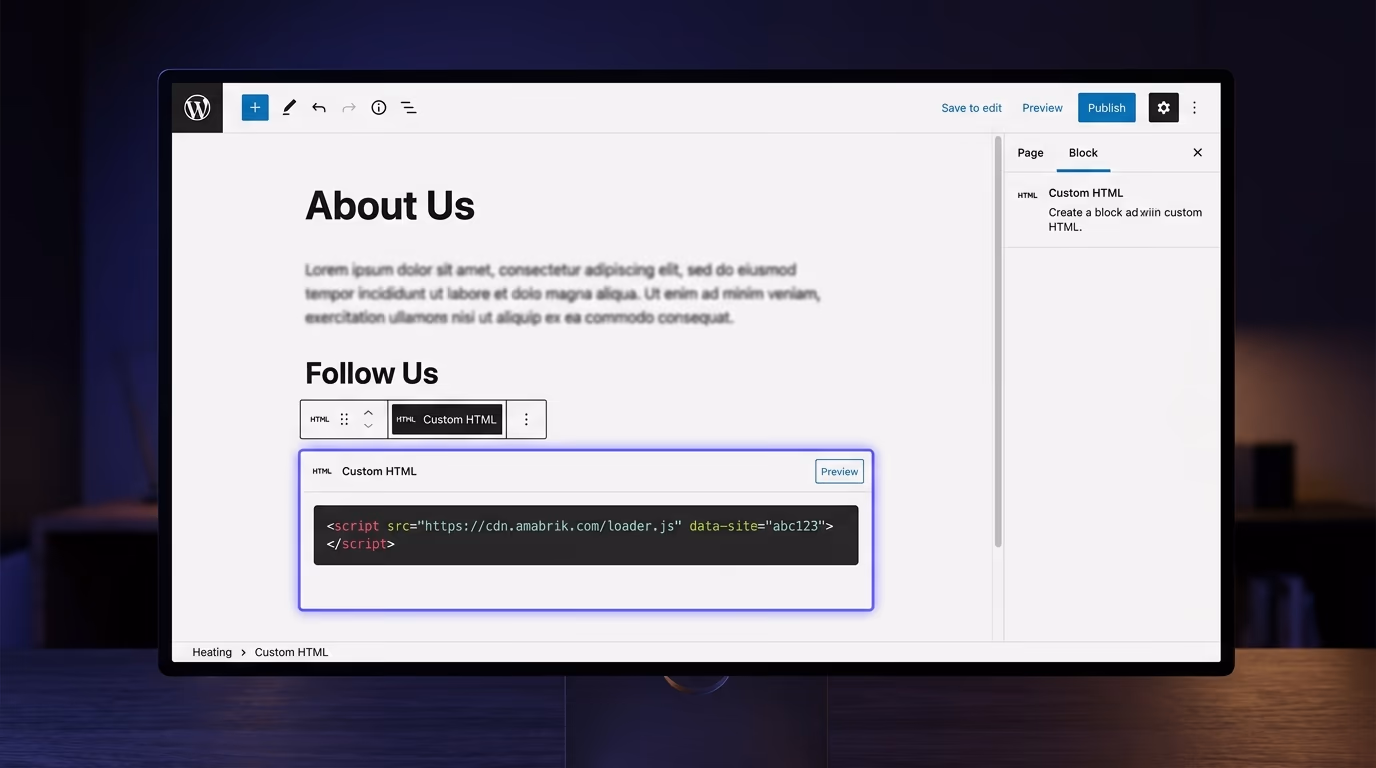 WordPress block editor with a Custom HTML block open, showing a pasted script tag for an Instagram feed widget