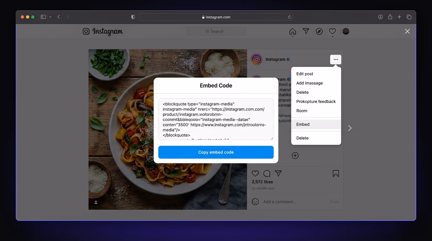 Instagram's embed code dialog showing the three-dot menu opened on a post with the Embed option and the copy code button visible