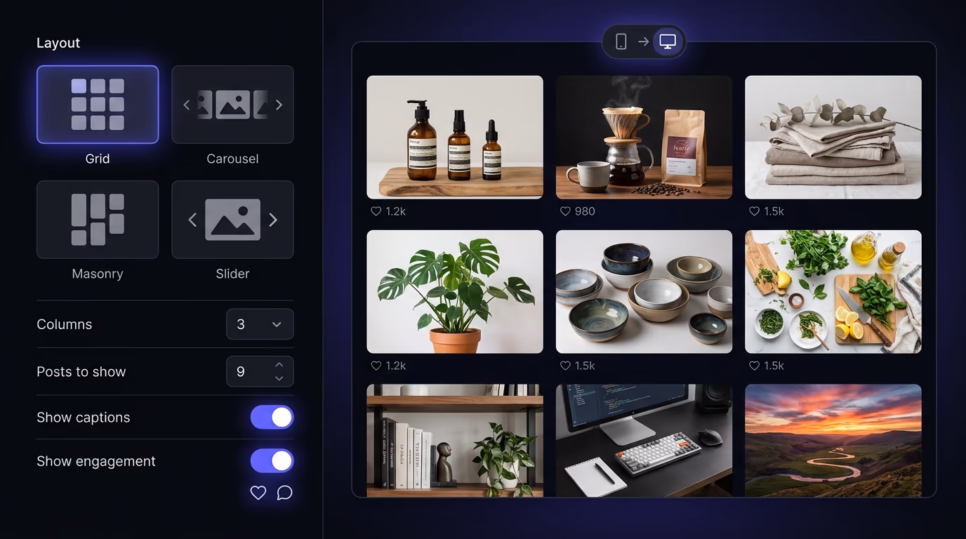 A social feeds widget editor showing layout options with grid, carousel and masonry wall templates alongside a live preview of an Instagram feed