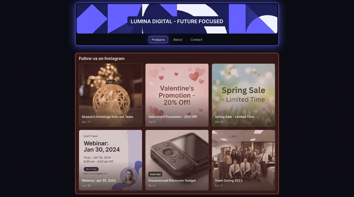 A website with a social feeds section showing outdated Instagram posts from months ago, with dates visible, illustrating an inactive feed problem