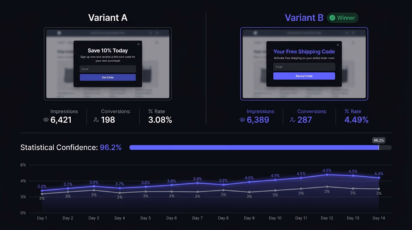 A/B test results screen comparing two exit intent popup variants side by side, with conversion rate percentages, sample sizes, and a statistical confidence indicator