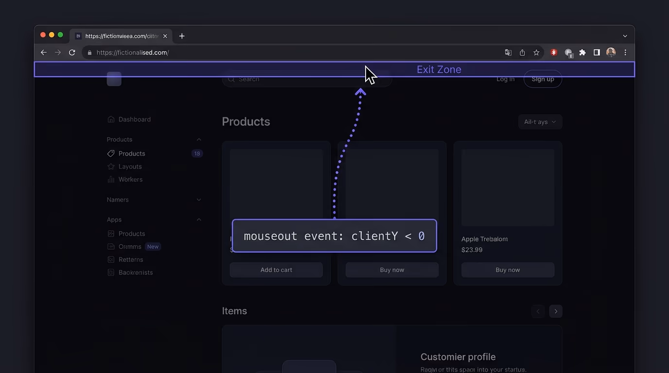 Browser viewport showing a cursor crossing the upper boundary toward the close button, with a mouseout event zone highlighted at the top edge
