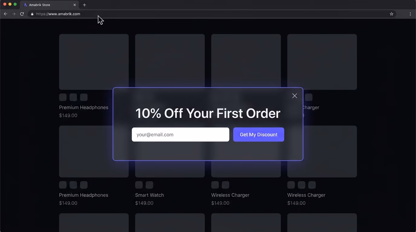 Exit intent popup appearing on a website with a discount offer as the cursor moves toward the browser close button