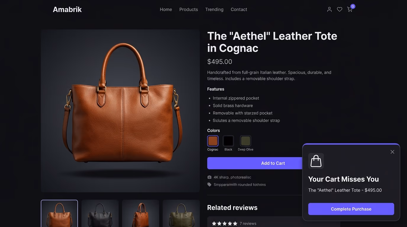 E-commerce product page with a slide-in exit intent popup offering a percentage discount code, showing the popup against the product page context