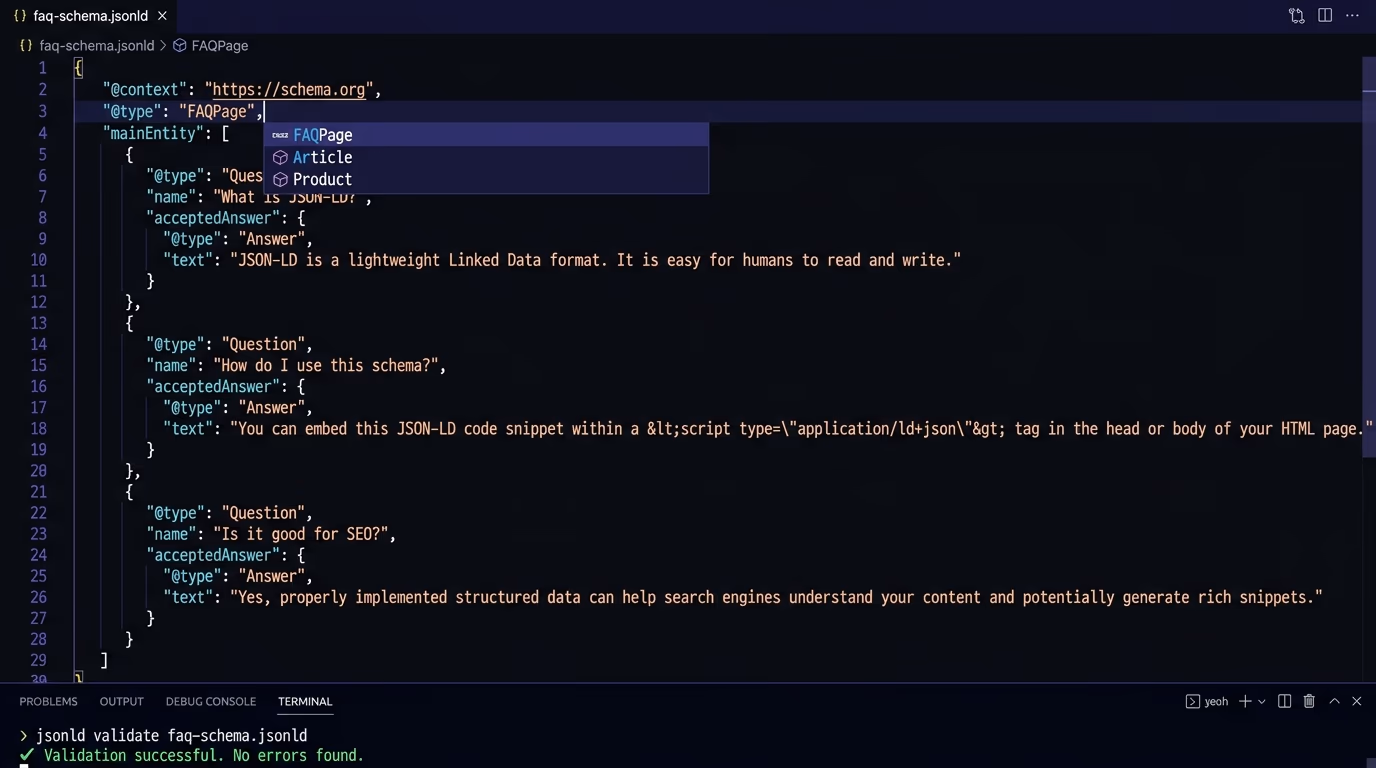 A complete FAQPage JSON-LD code snippet in a VS Code editor, with the @context, @type FAQPage, and mainEntity array of Question items clearly visible