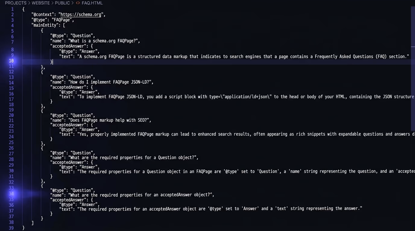 A schema.org FAQPage JSON-LD code block rendered in a dark code editor with syntax highlighting, showing the @context, @type, and mainEntity fields