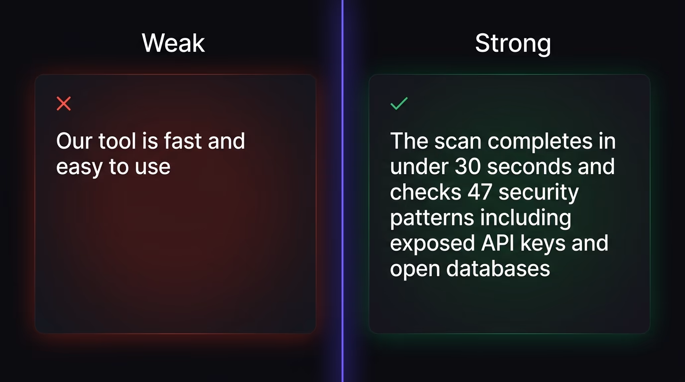 A split screen showing a weak FAQ answer on the left in red ('Our tool is fast and easy to use') versus a strong, specific FAQ answer on the right in green ('The scan completes in under 30 seconds and checks 47 security patterns')