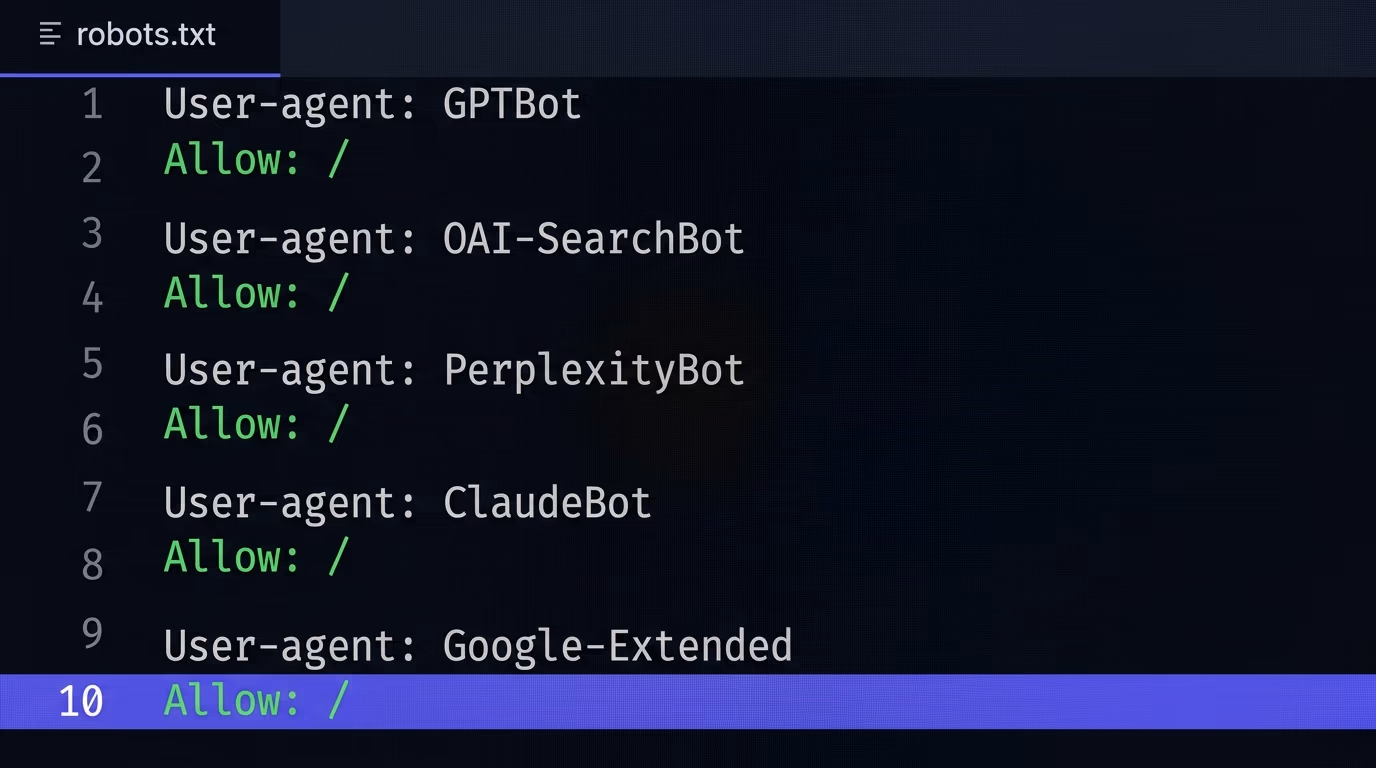 A robots.txt file in an editor allowing GPTBot, OAI-SearchBot, PerplexityBot, ClaudeBot and Google-Extended so you get cited by AI