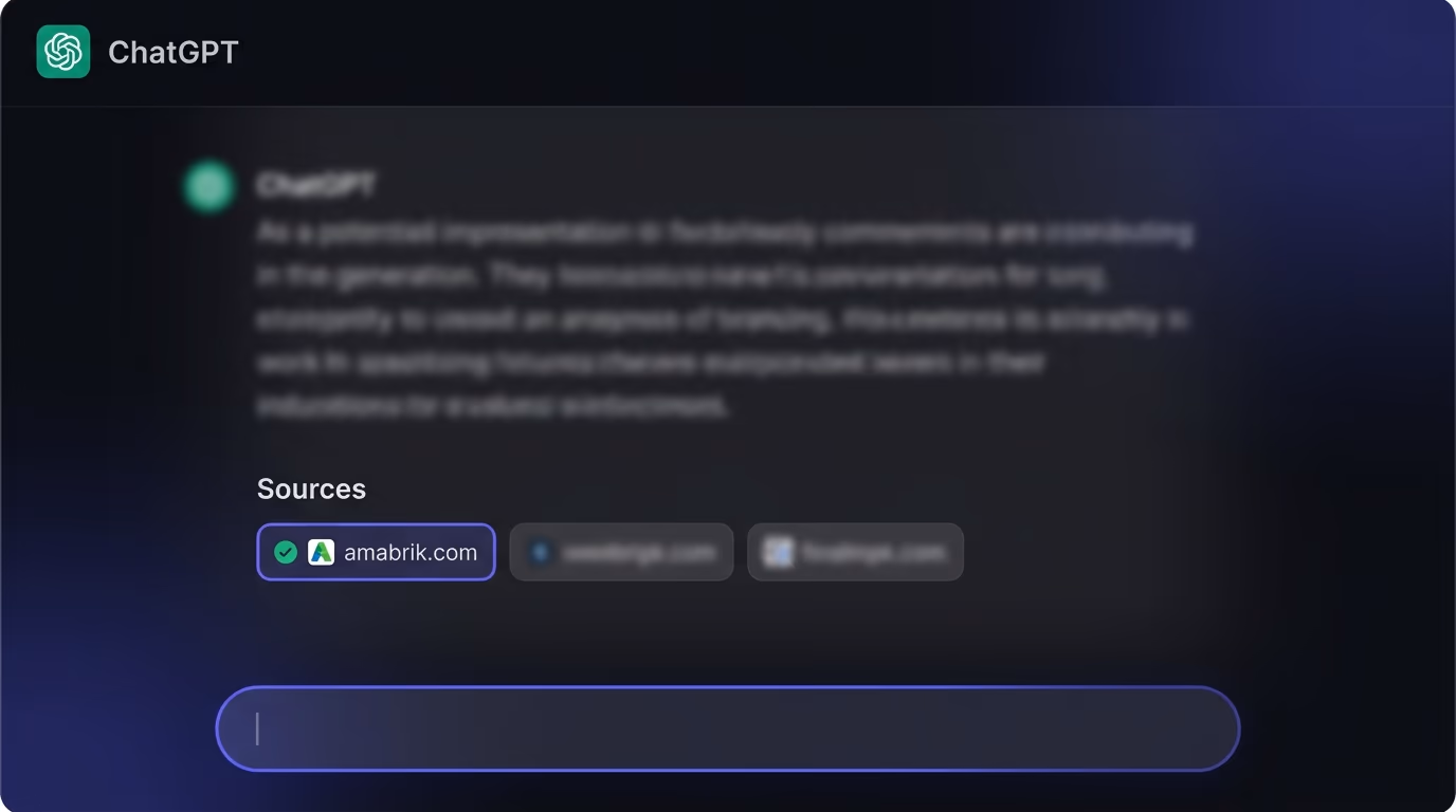 ChatGPT interface with its answer blurred and the amabrik.com source chip highlighted, showing how to get cited by ChatGPT