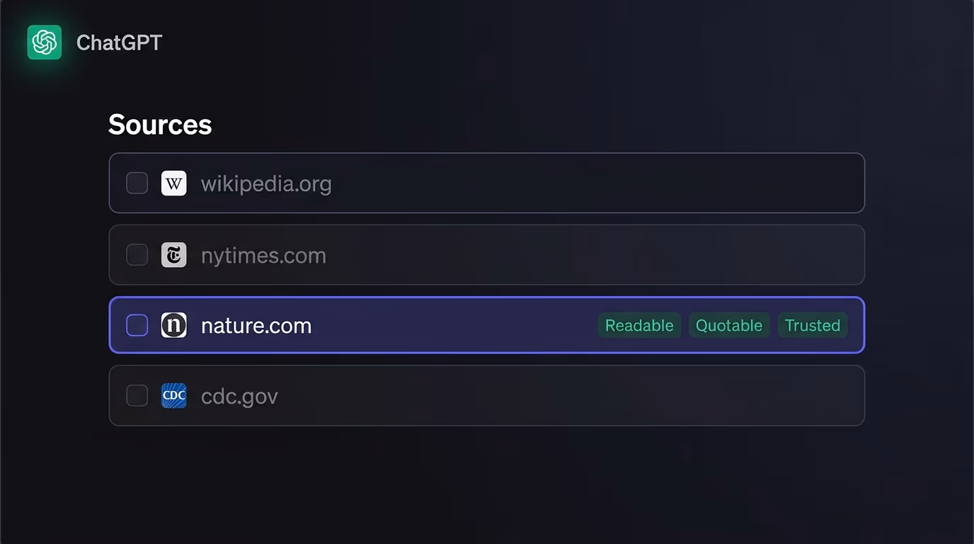 ChatGPT sources list with nature.com selected and tagged readable, quotable and trusted, the basis of how to rank on ChatGPT