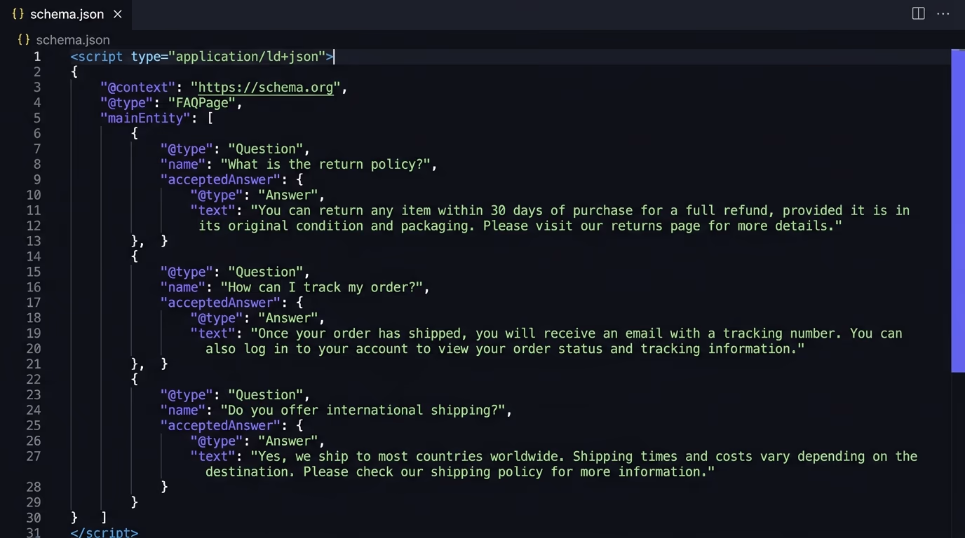 FAQPage schema written as JSON-LD in a code editor with question and acceptedAnswer objects, the markup that helps you get cited by AI