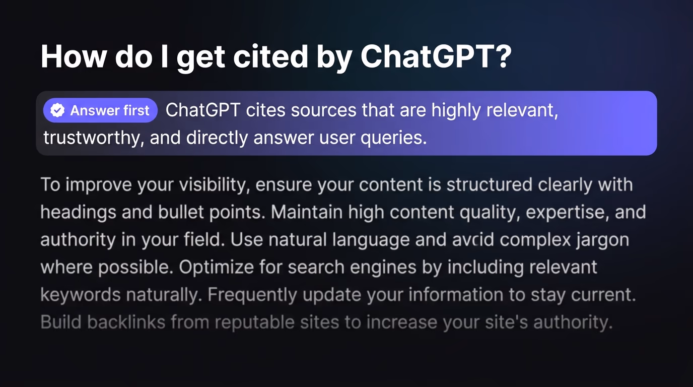 A page leading with a question heading and an answer-first sentence highlighted beneath it, the content shape that wins generative engine optimization