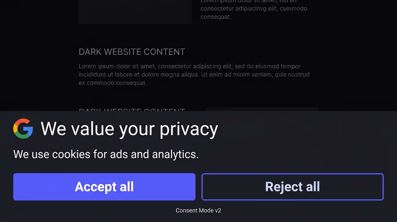 A Google Consent Mode cookie banner with the multicolour Google G, a We value your privacy heading, and Accept all and Reject all buttons