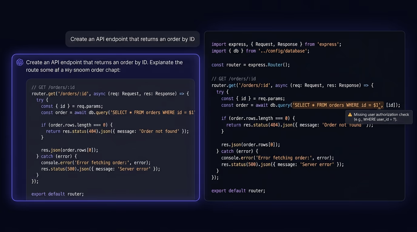 AI code editor generating a vulnerable API route without ownership check