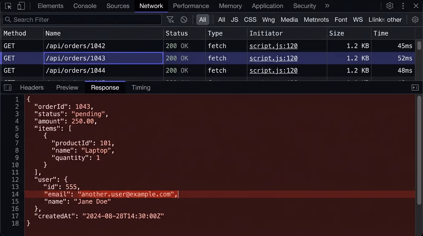 Browser developer tools showing a network request with a user ID parameter