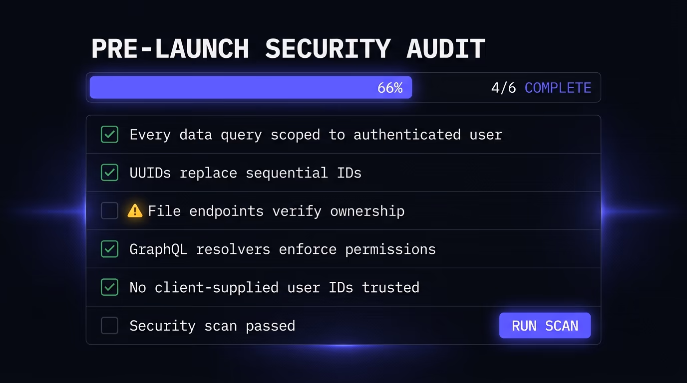 Pre-launch security checklist focused on IDOR prevention steps