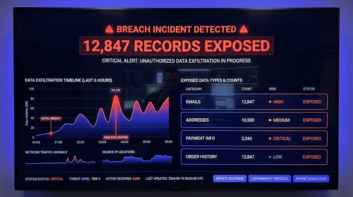 Dashboard showing exposed user records from an IDOR breach, with sensitive fields highlighted