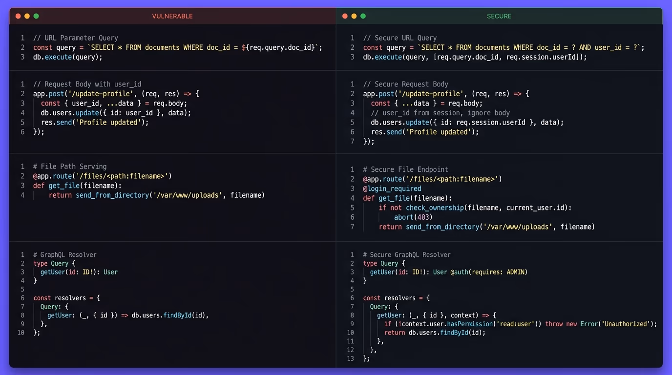 Code comparison showing vulnerable versus secure API route patterns