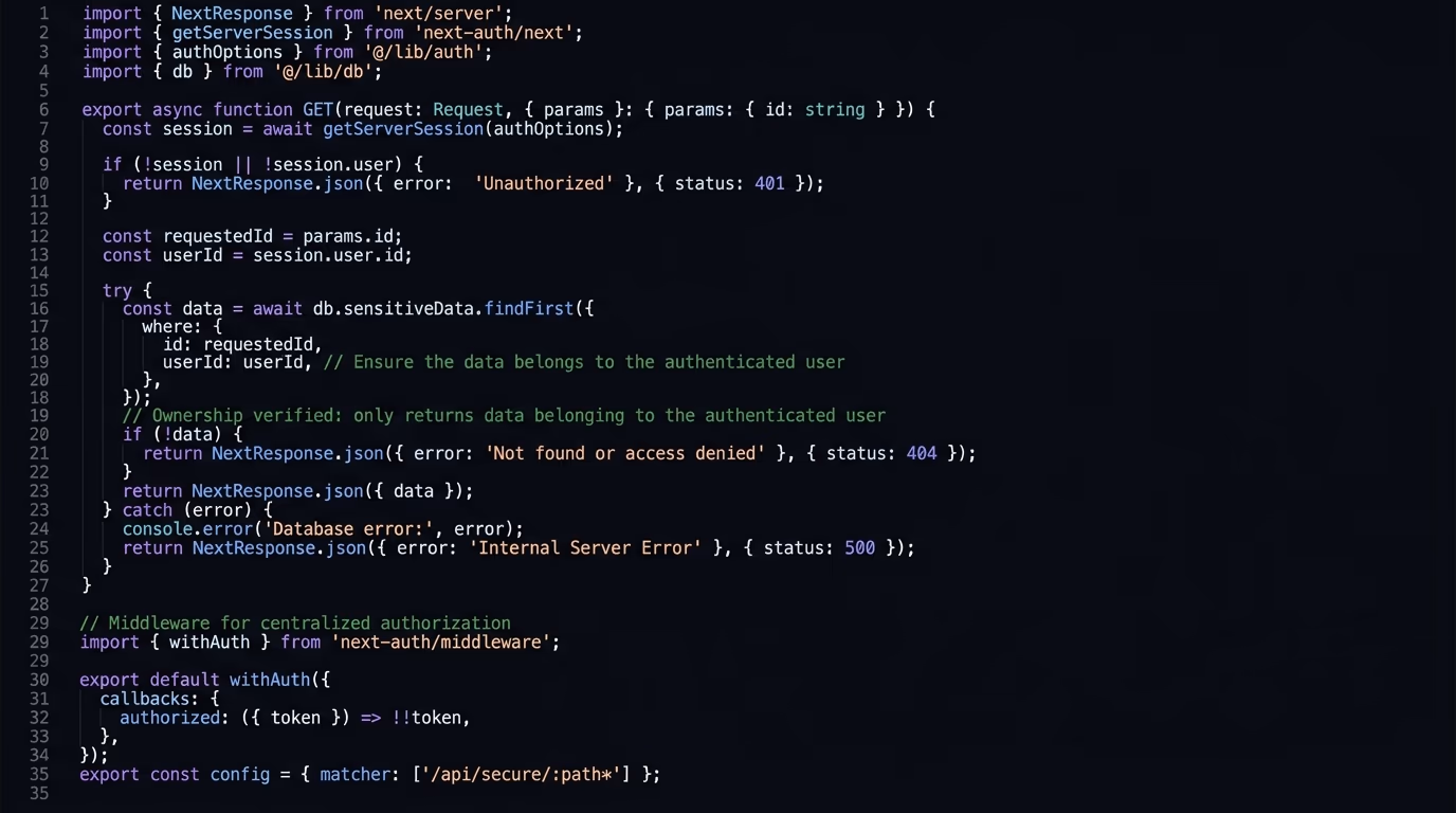 Secure code pattern showing ownership verification in a database query