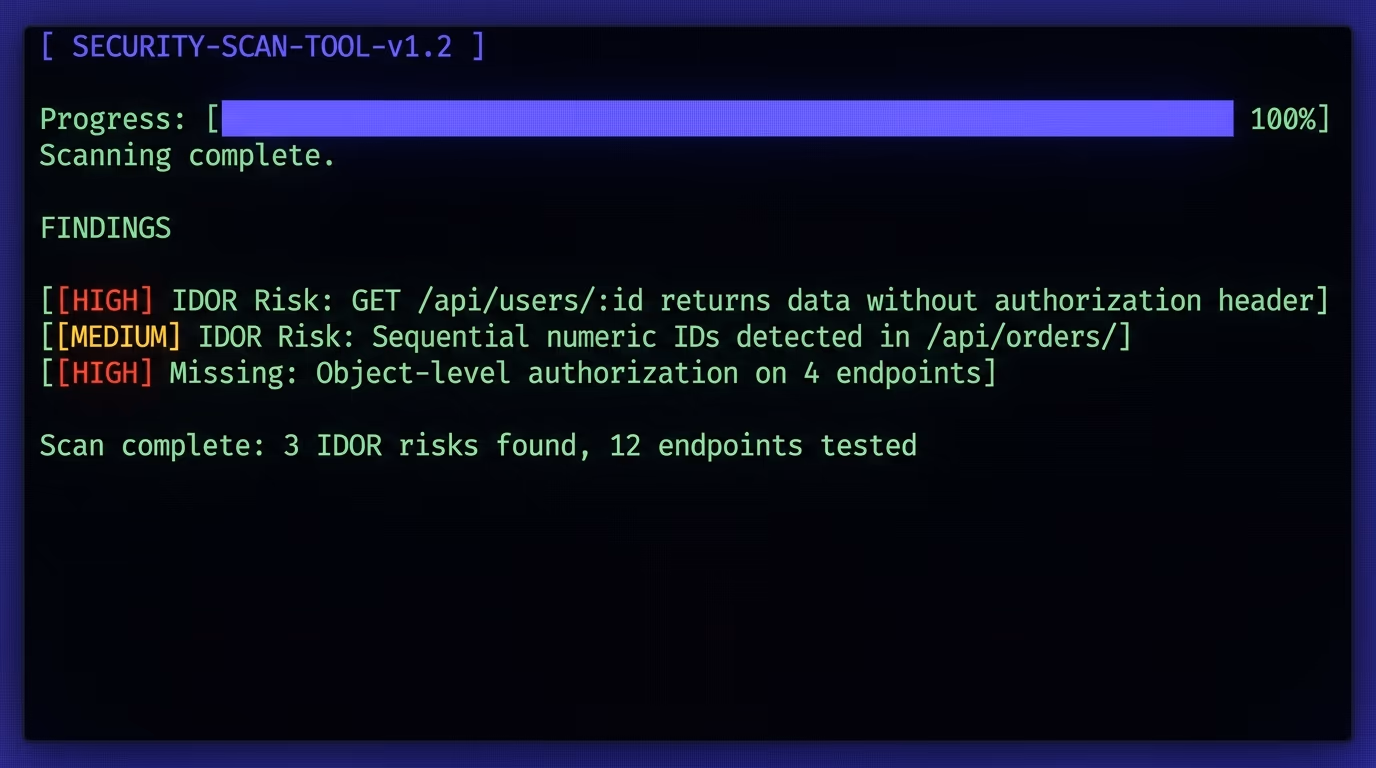 Terminal showing a security scanning tool checking API endpoints for IDOR vulnerabilities