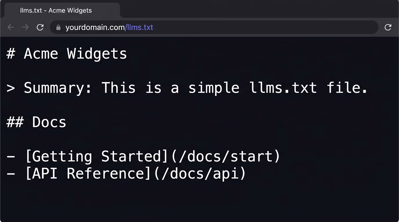 Checking your llms.txt file in a browser, the address bar showing yourdomain.com/llms.txt with the plain markdown file rendered below