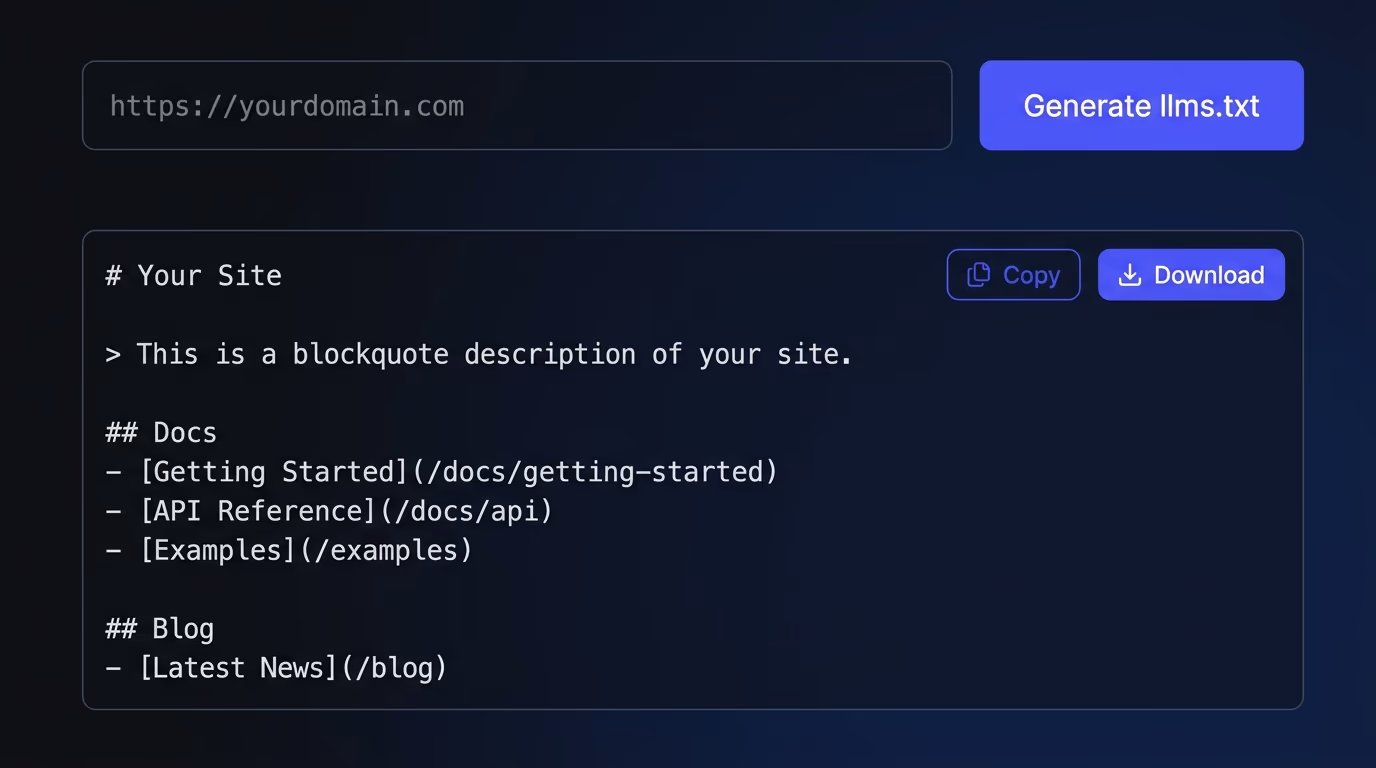 An llms.txt generator web tool with a domain input, a Generate button and the produced markdown output ready to copy or download