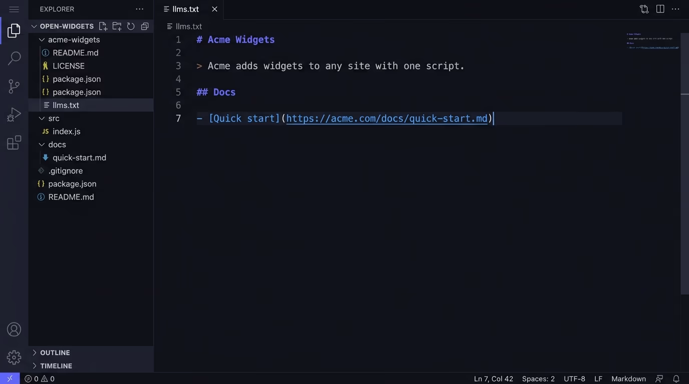 An llms.txt file open in a VS Code editor showing the markdown title, summary and Docs links