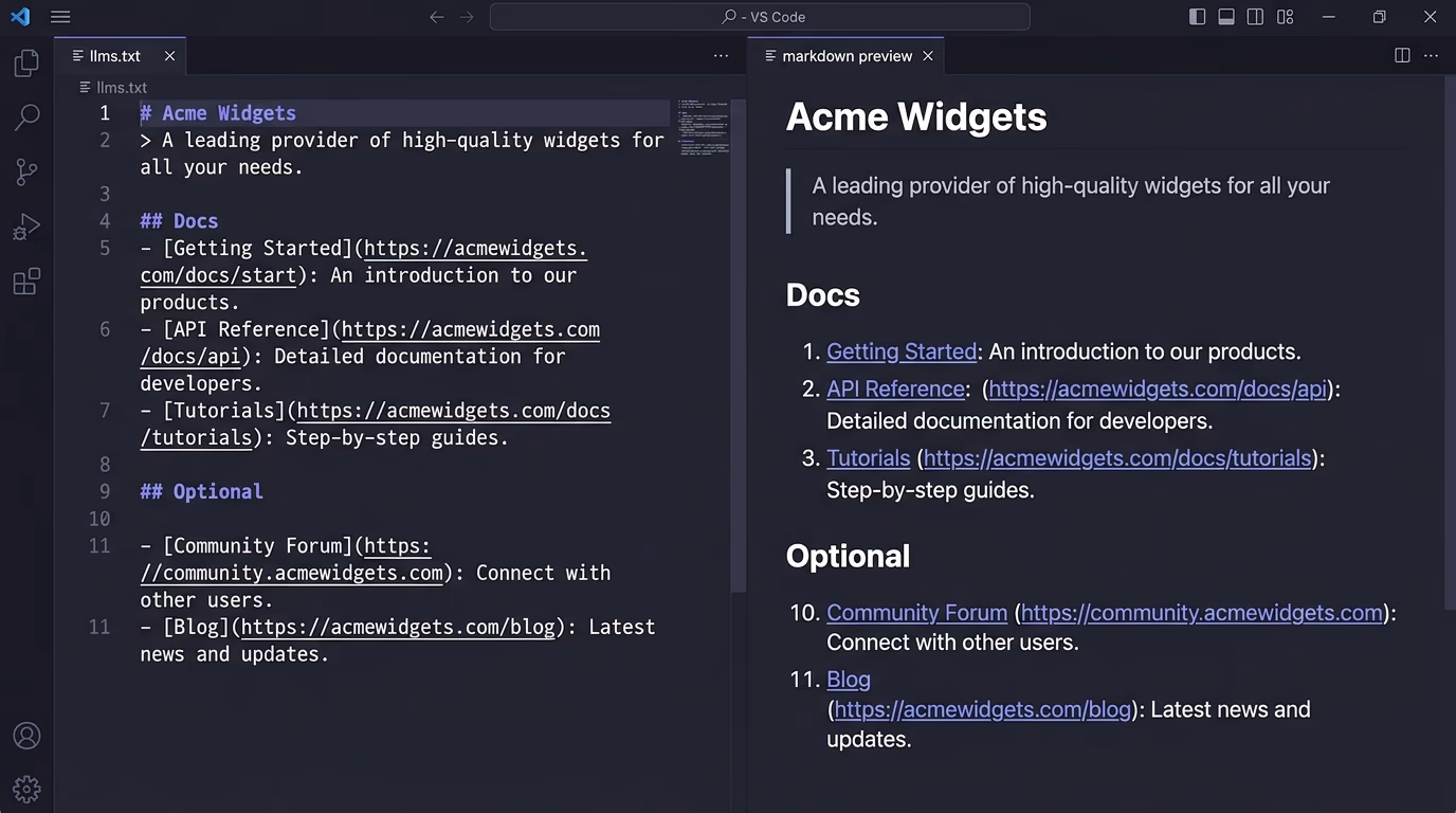 The llms txt format in an editor, markdown source with a title, summary blockquote, Docs and Optional sections beside its rendered preview