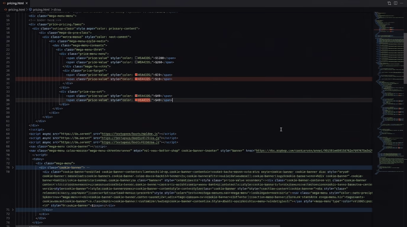 What an llms.txt file solves, a cluttered pricing.html raw HTML source of nested divs and scripts with prices buried inside