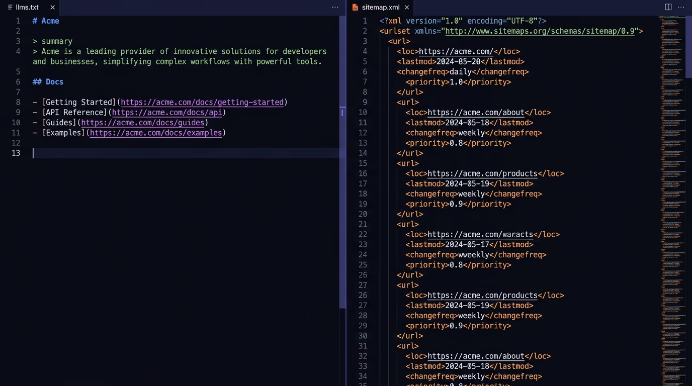 A split editor comparing what is llms.txt, a short curated markdown file, against a long dense sitemap.xml URL dump