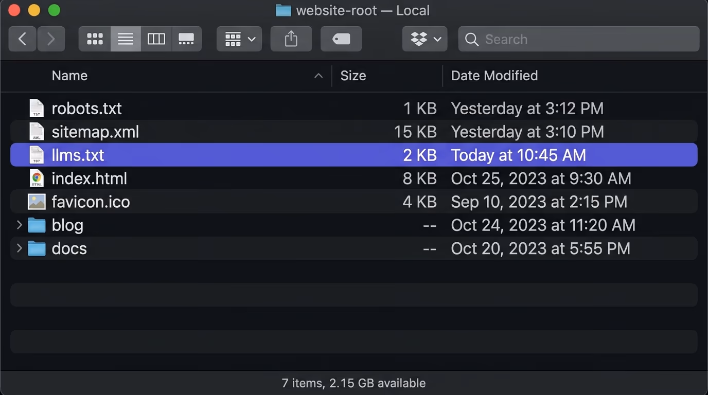 What is llms.txt, a website root directory in Finder with robots.txt, sitemap.xml and the highlighted llms txt file