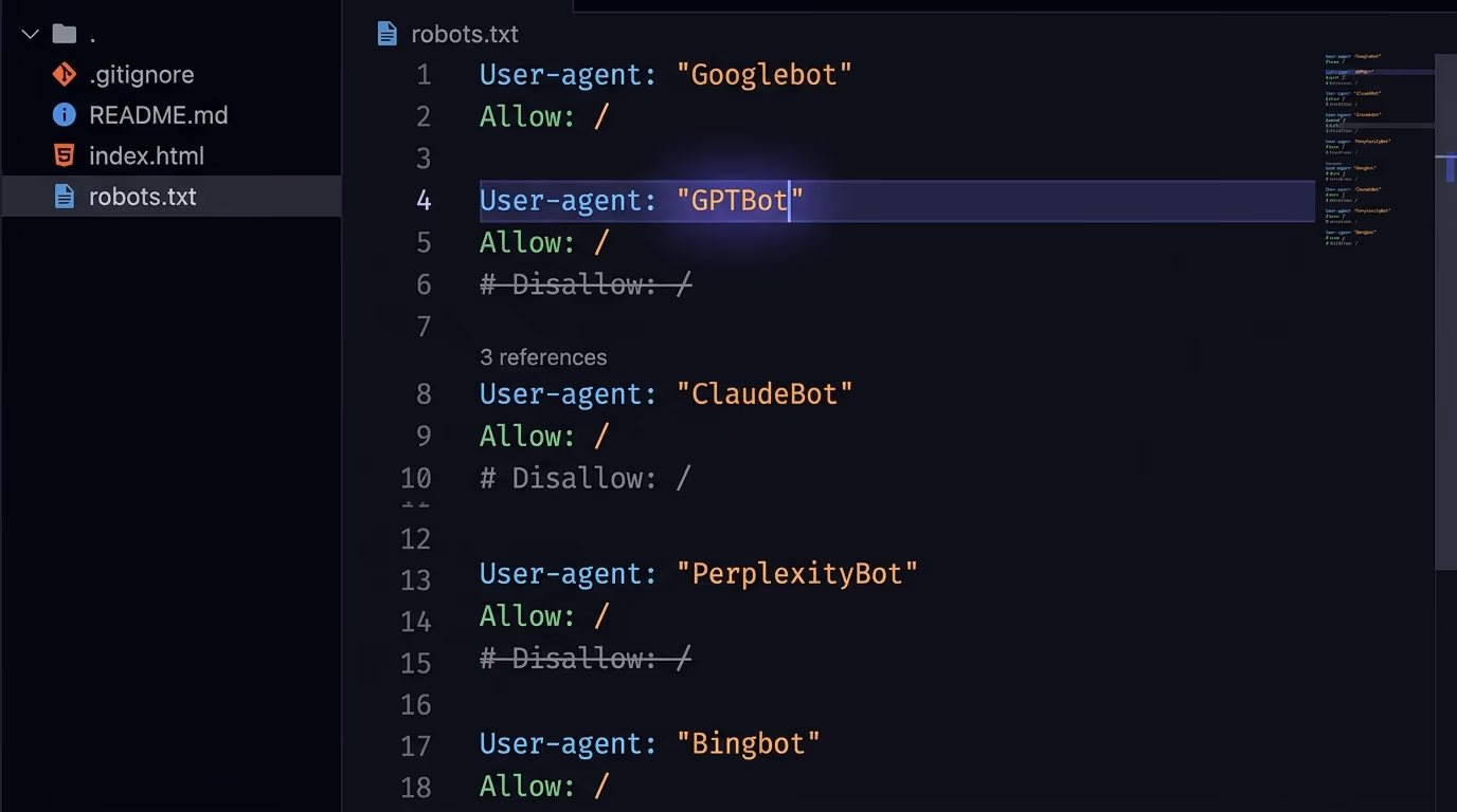 A robots.txt file open in a code editor showing Googlebot, GPTBot, and ClaudeBot directives