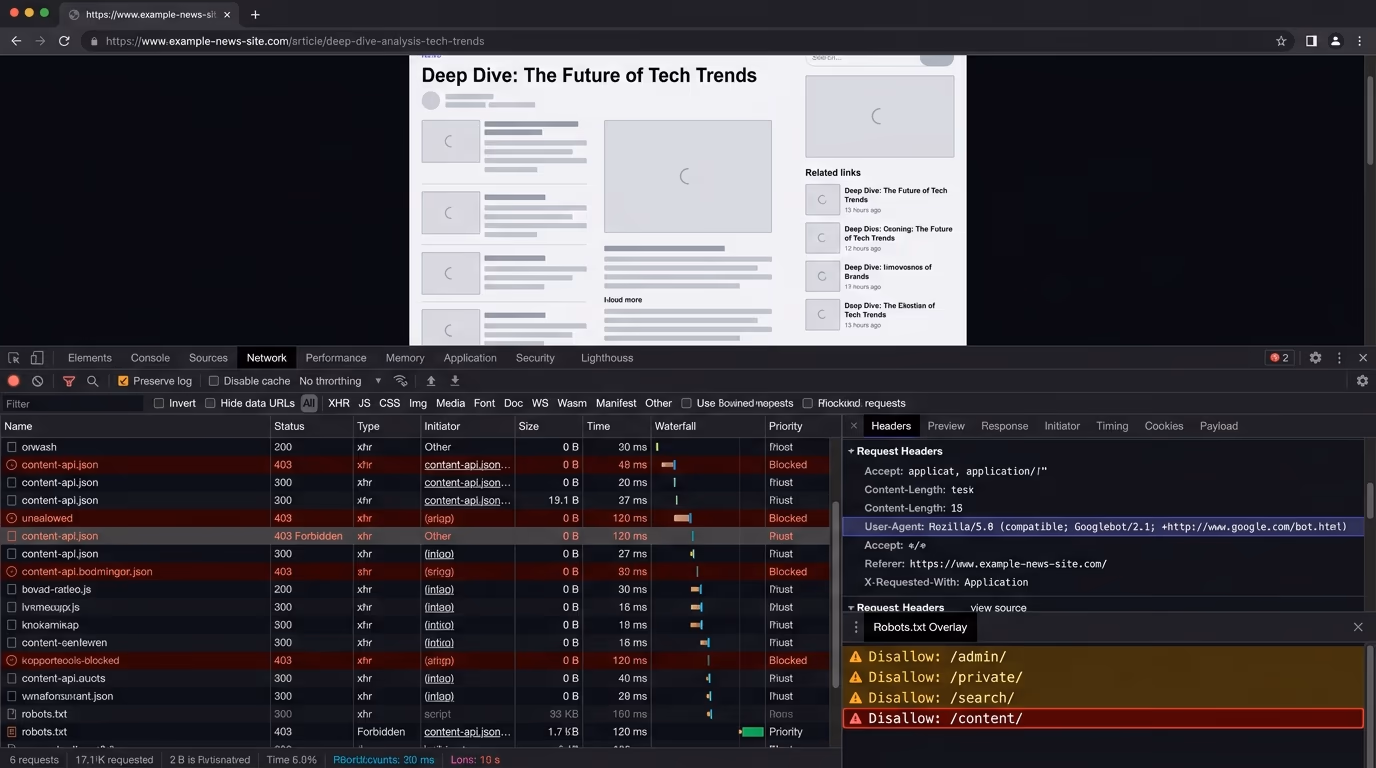 A browser developer tools panel showing a robots.txt file with blocked crawler directives
